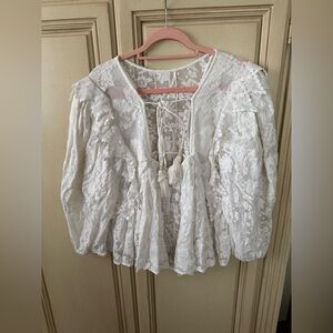 White Lace Peasant Blouse with Tassel Tie